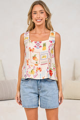 Saige Top - Square Neck Thick Strap Textured Top with High Low Hem in Anelia Print