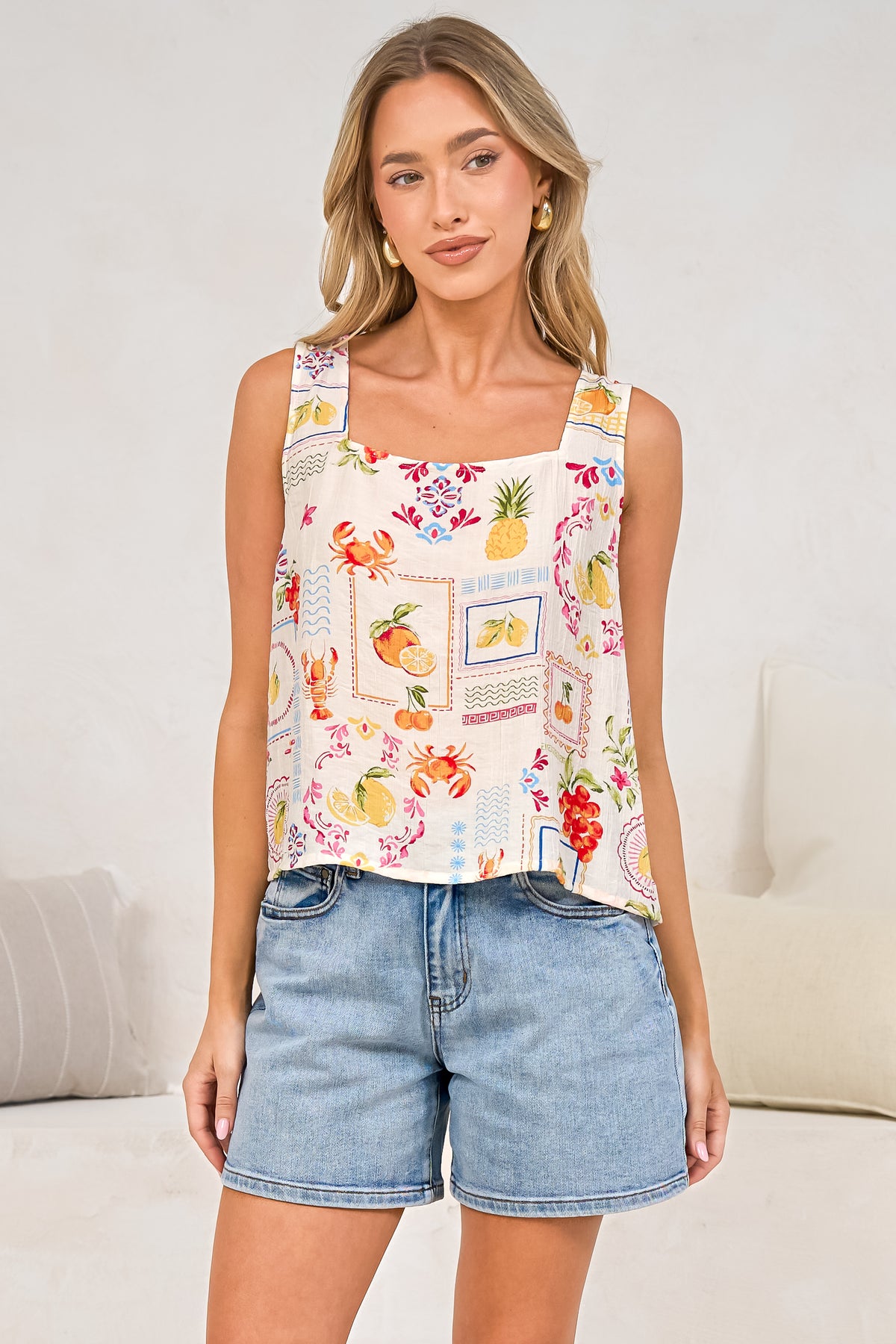 Saige Top - Square Neck Thick Strap Textured Top with High Low Hem in Anelia Print