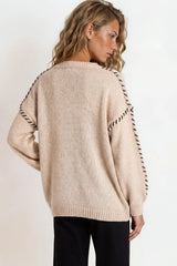 Model wearing Saige Jumper in Beige from Salty Crush