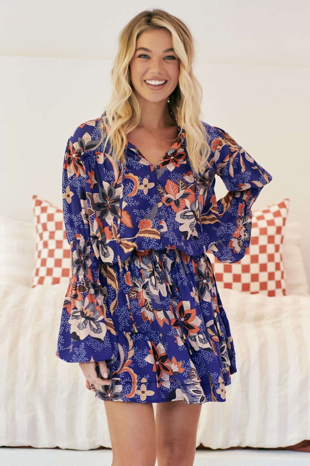 Saint Mini Dress - Yoke Neckline Long Sleeve Dress in Santiago Print