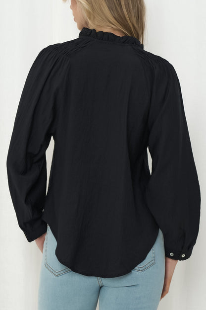 Saki Blouse - Frill Collar Crochet Insert Button Down Blouse in Black