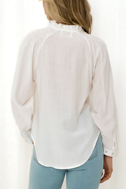 Saki Blouse - Frill Collar Crochet Insert Button Down Blouse in White