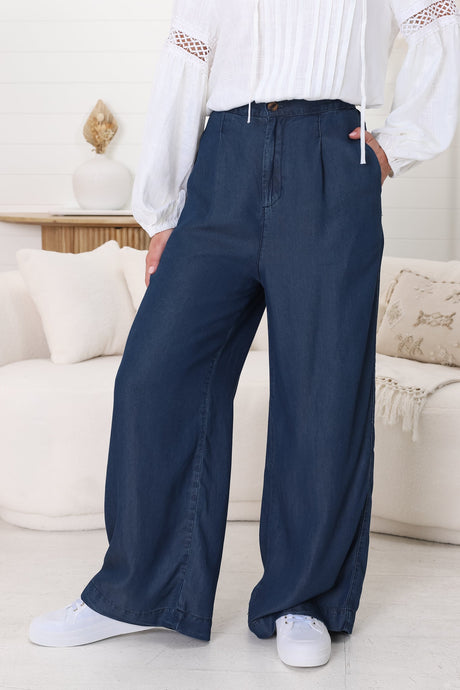 Saldana Pants - Denim Wide Leg Pants in Indigo