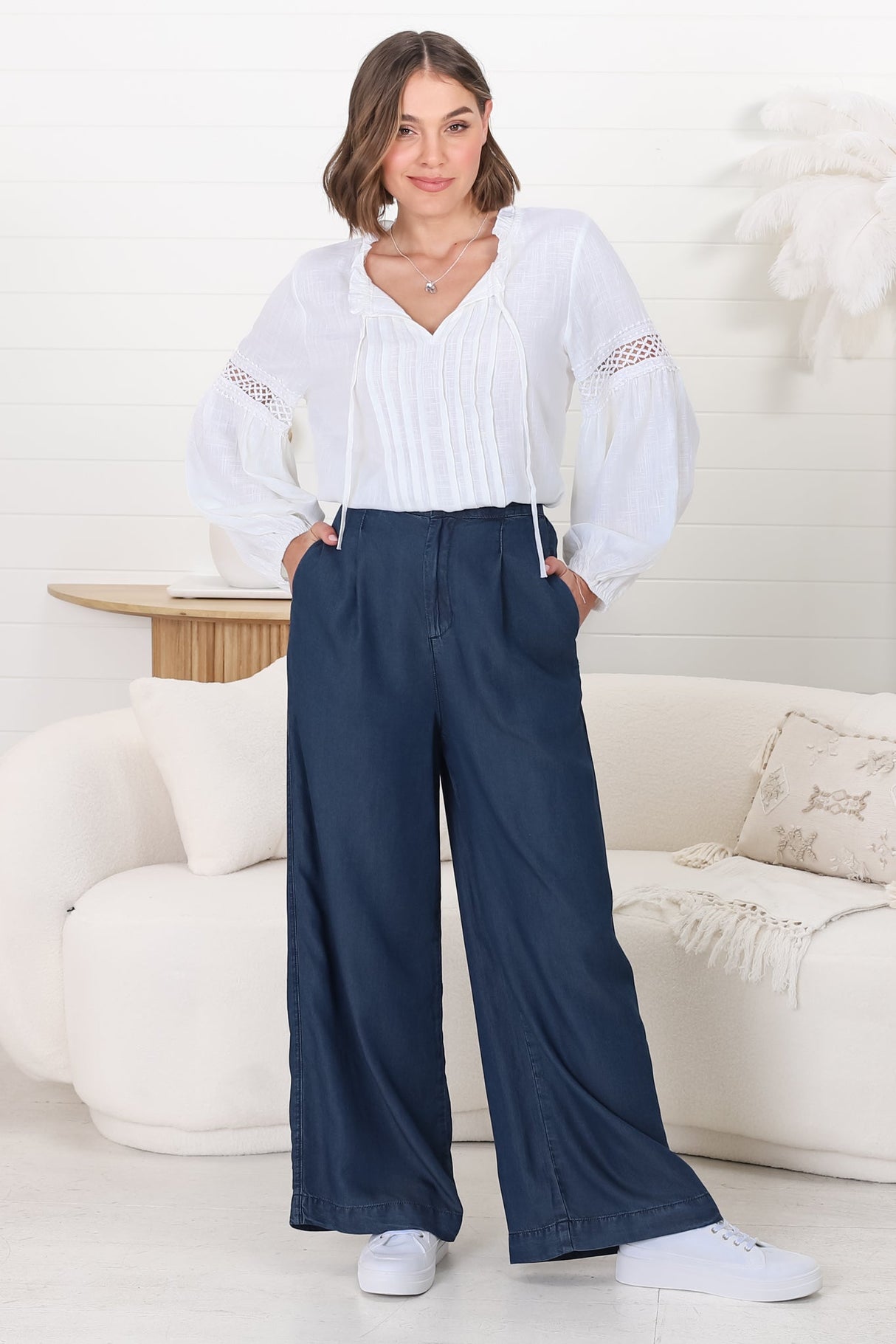 Saldana Pants - Denim Wide Leg Pants in Indigo