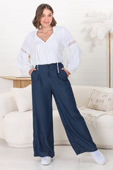 Saldana Pants - Denim Wide Leg Pants in Indigo