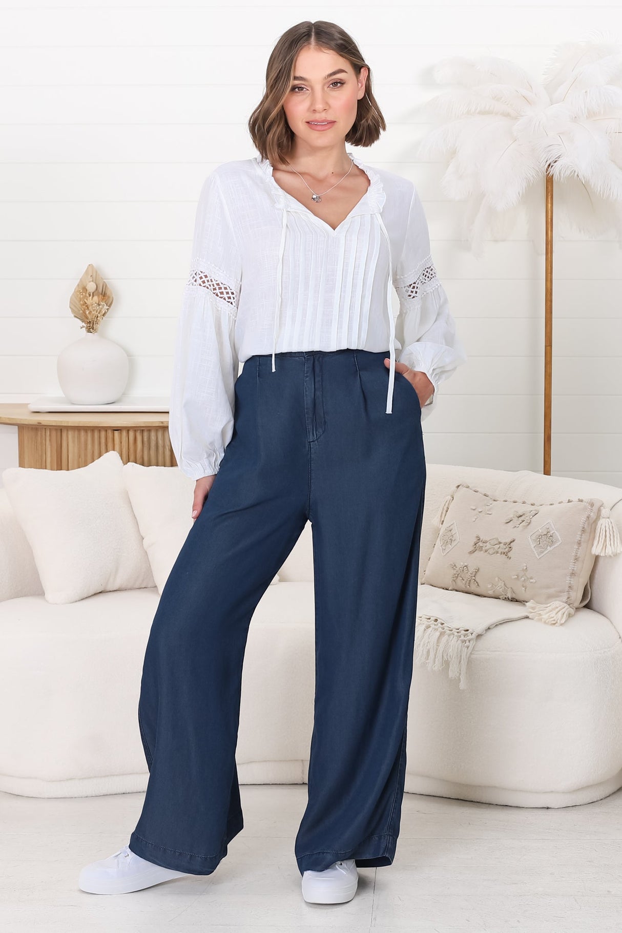 Saldana Pants - Denim Wide Leg Pants in Indigo