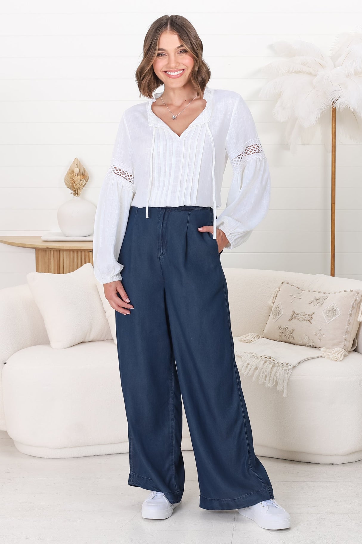 Saldana Pants - Denim Wide Leg Pants in Indigo