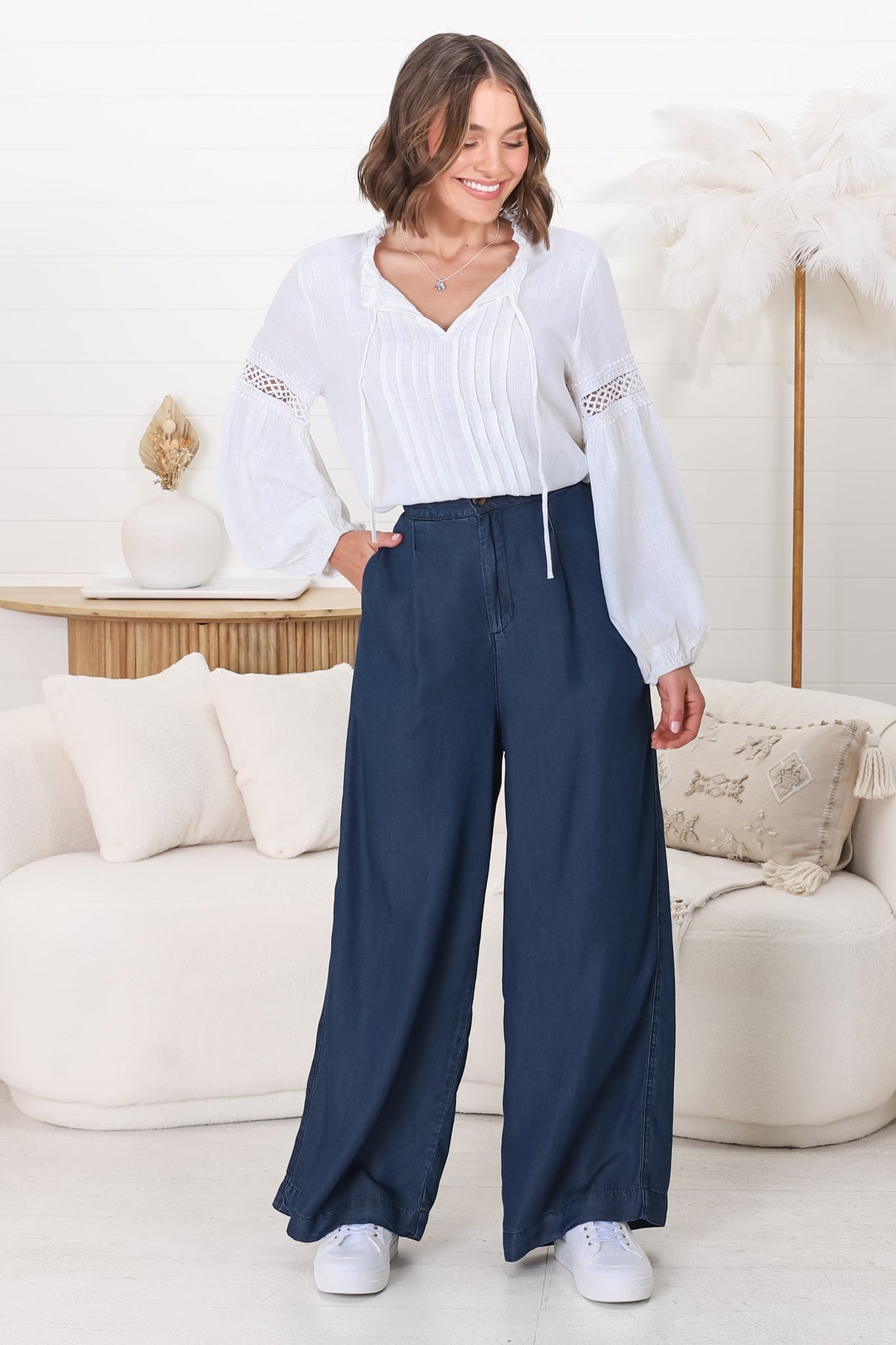 Saldana Pants - Denim Wide Leg Pants in Indigo