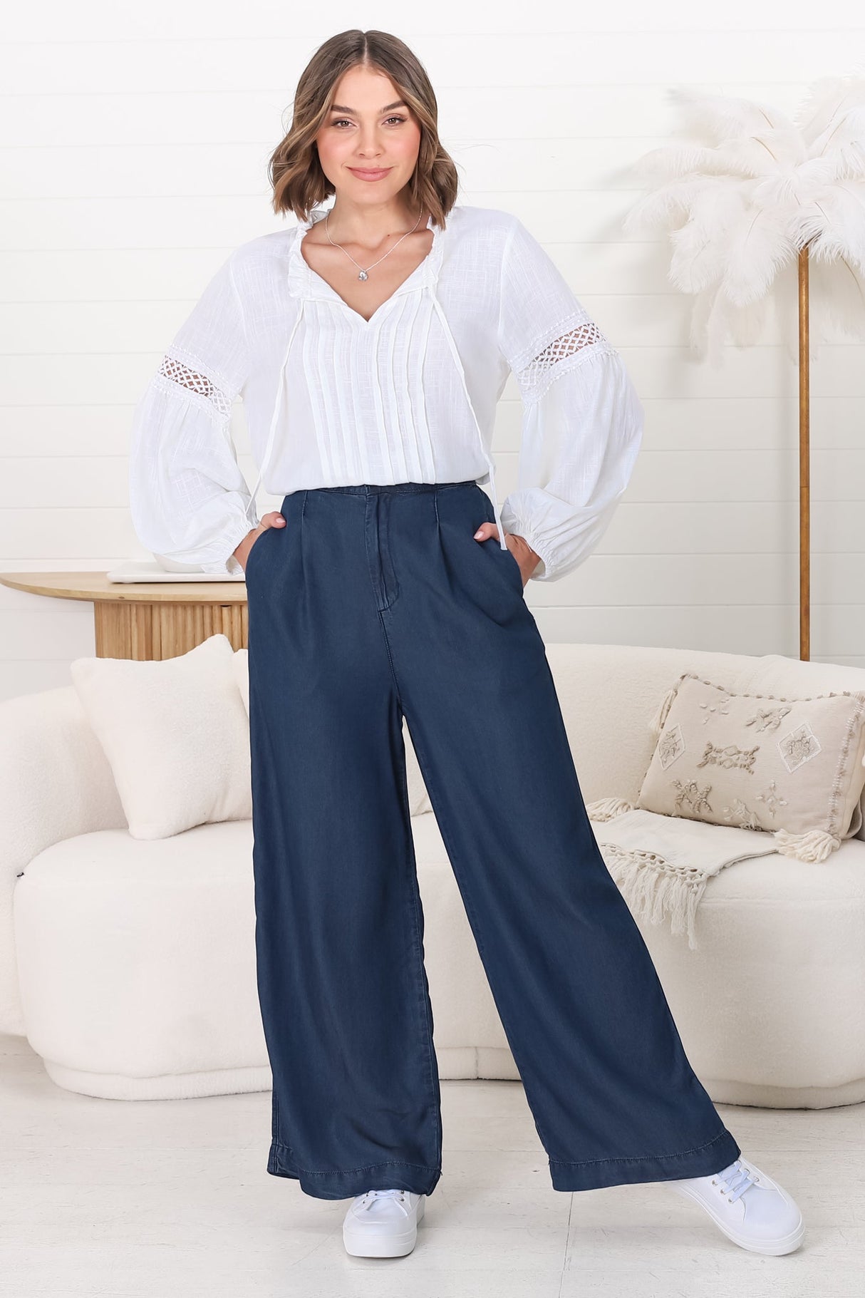 Saldana Pants - Denim Wide Leg Pants in Indigo