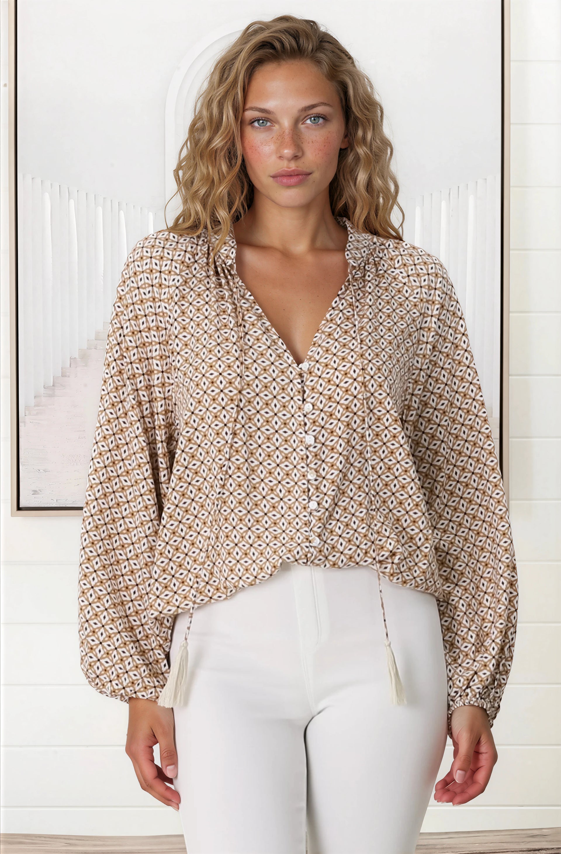 Sallie Blouse V Neckline Button Down Top Retro Print
