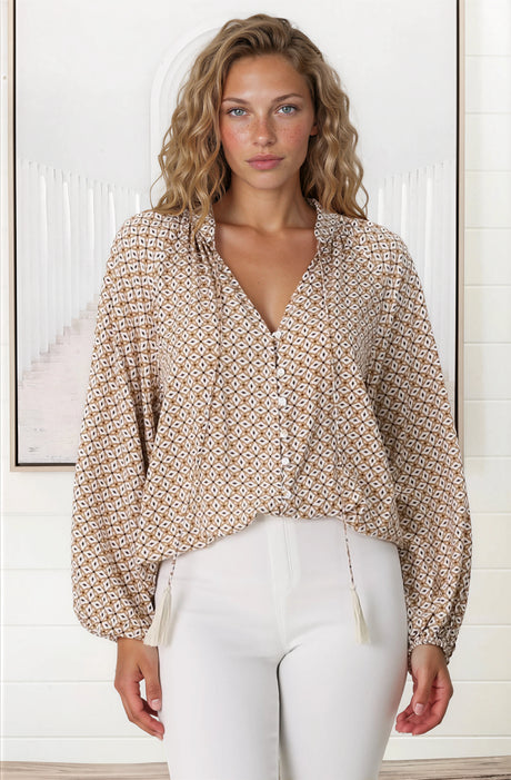 Model wearing Sallie Blouse in Retro Print from Salty Crush