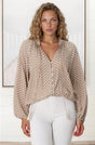 Model wearing Sallie Blouse in Retro Print from Salty Crush