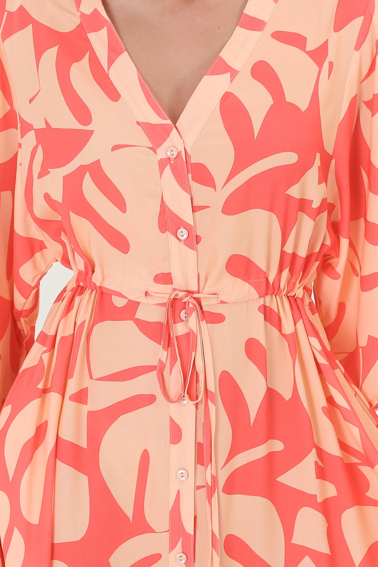 Sally Maxi Dress - 3/4 Bell Sleeve Button Down with Waist Tie Dress in Noa Print Coral