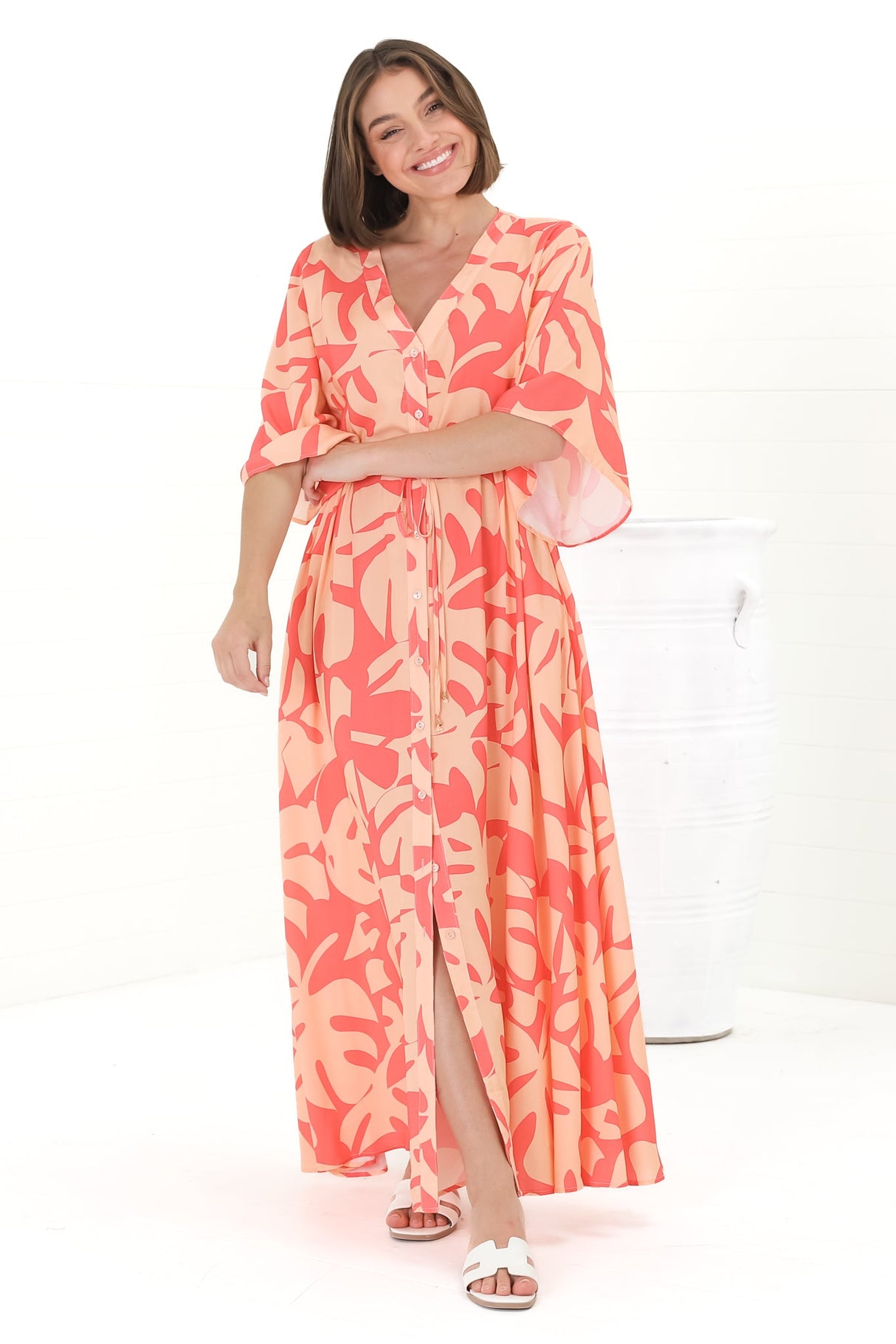 Sally Maxi Dress - 3/4 Bell Sleeve Button Down with Waist Tie Dress in Noa Print Coral