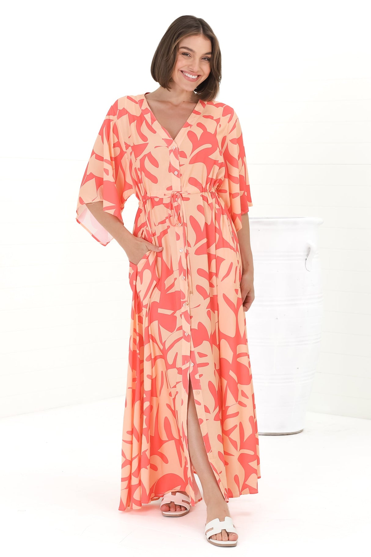 Sally Maxi Dress - 3/4 Bell Sleeve Button Down with Waist Tie Dress in Noa Print Coral