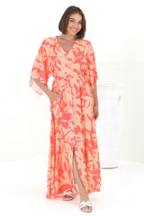Sally Maxi Dress - 3/4 Bell Sleeve Button Down with Waist Tie Dress in Noa Print Coral