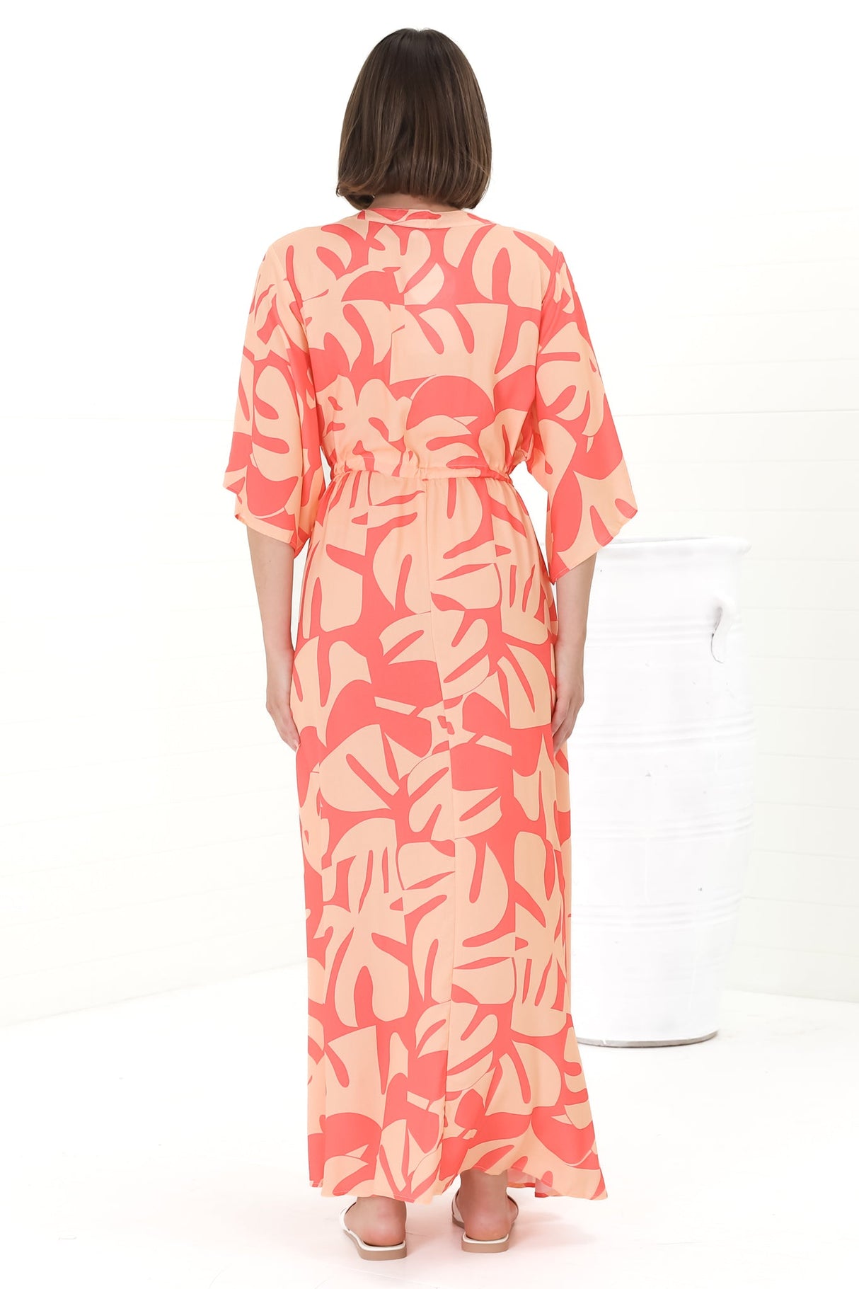 Sally Maxi Dress - 3/4 Bell Sleeve Button Down with Waist Tie Dress in Noa Print Coral