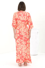 Sally Maxi Dress - 3/4 Bell Sleeve Button Down with Waist Tie Dress in Noa Print Coral