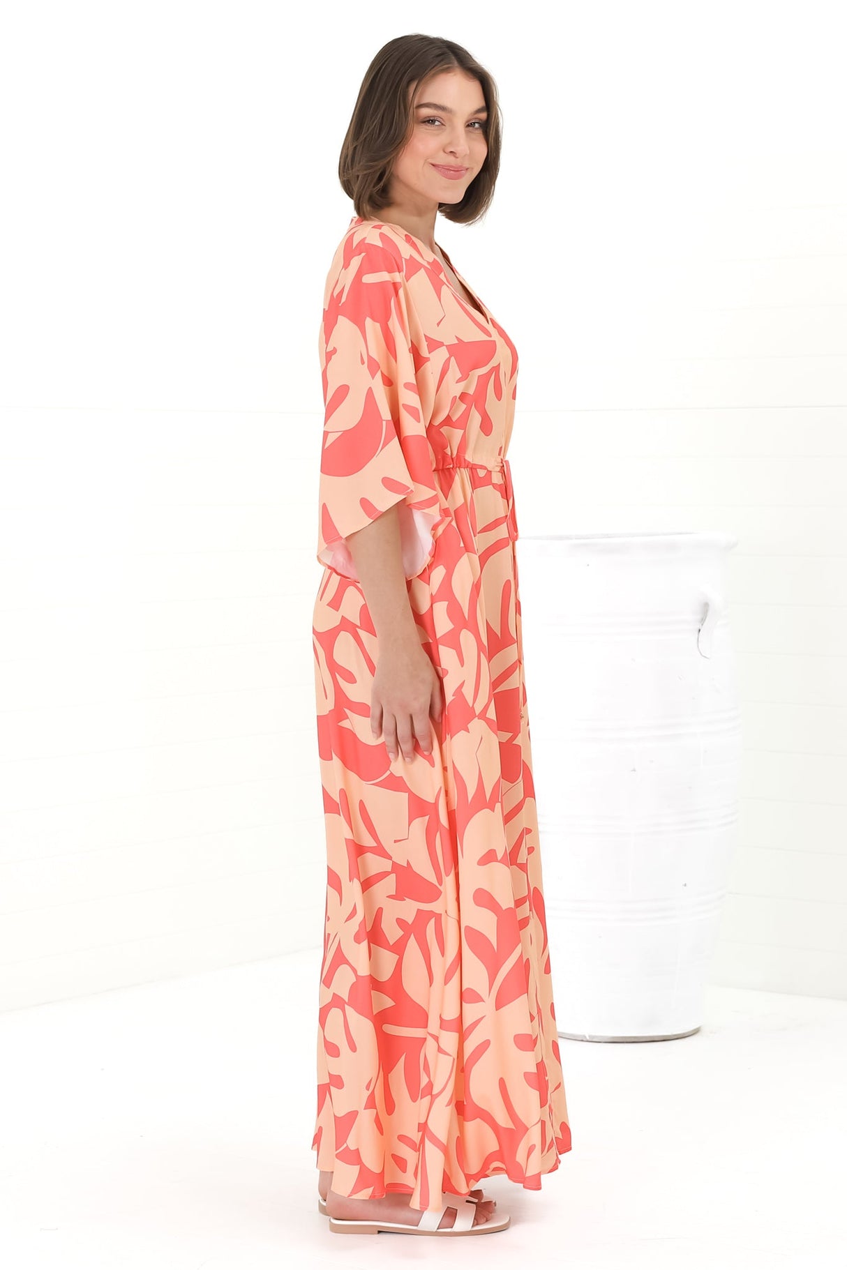 Sally Maxi Dress - 3/4 Bell Sleeve Button Down with Waist Tie Dress in Noa Print Coral