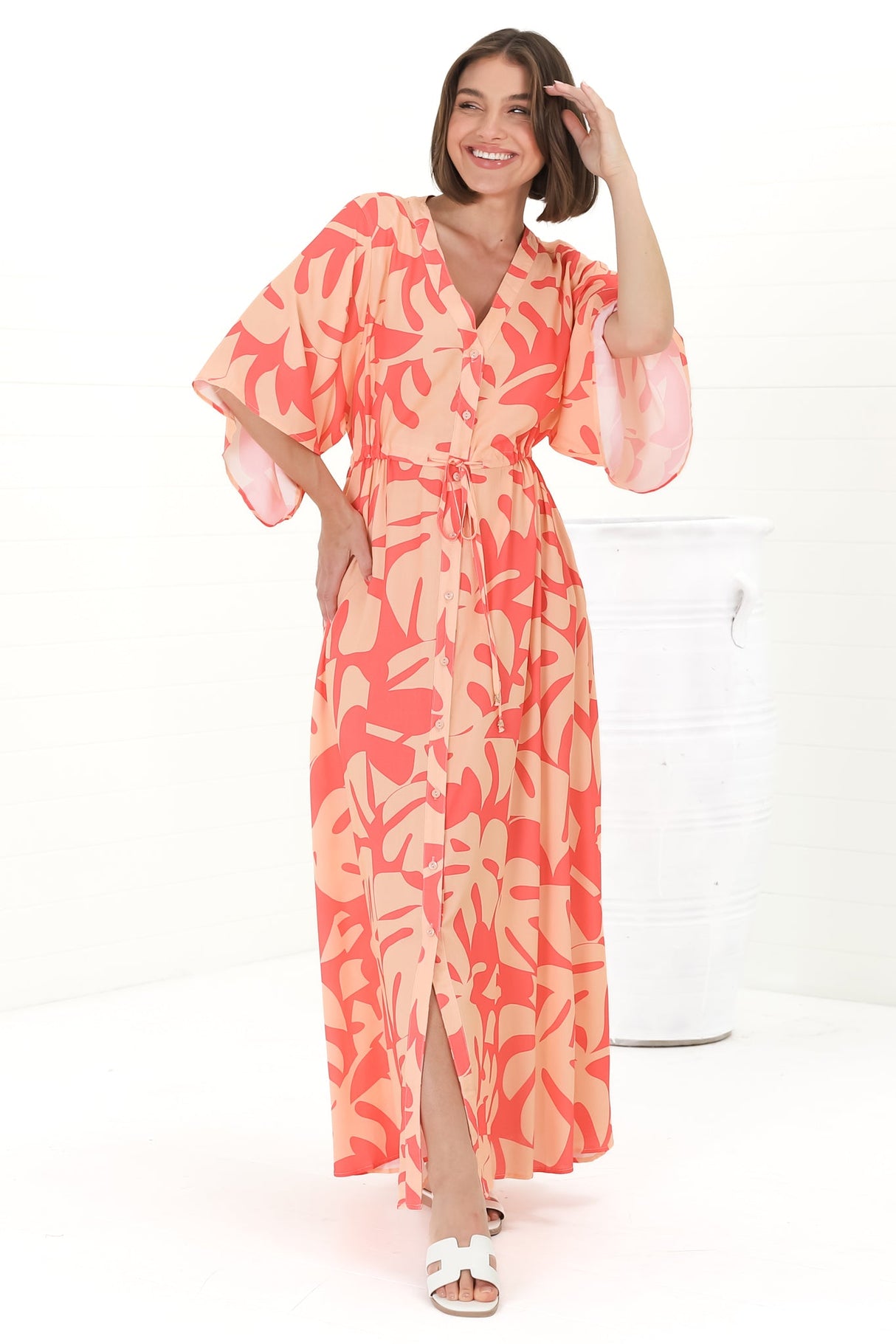 Sally Maxi Dress - 3/4 Bell Sleeve Button Down with Waist Tie Dress in Noa Print Coral