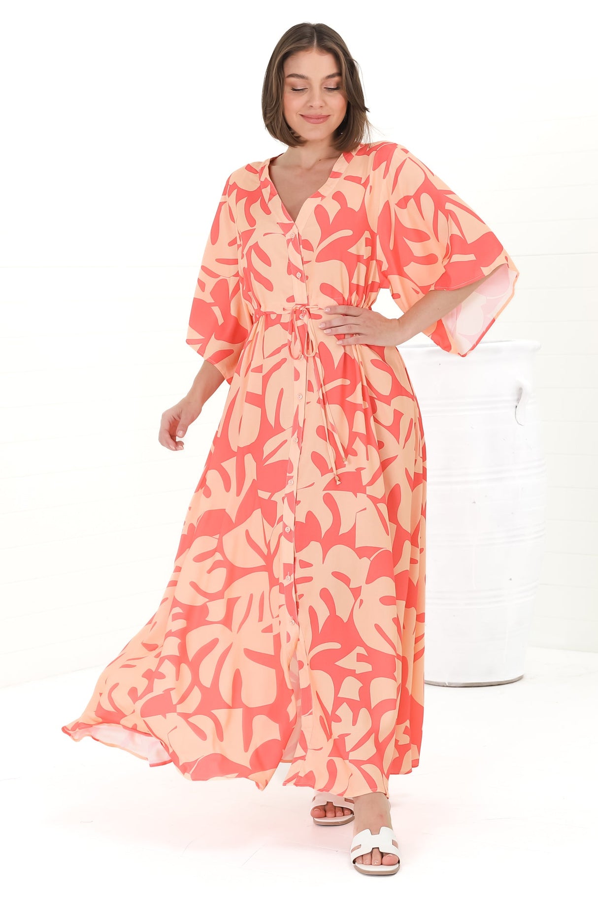Sally Maxi Dress - 3/4 Bell Sleeve Button Down with Waist Tie Dress in Noa Print Coral