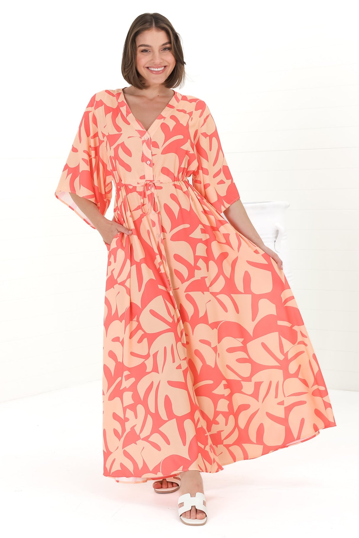 Sally Maxi Dress - 3/4 Bell Sleeve Button Down with Waist Tie Dress in Noa Print Coral