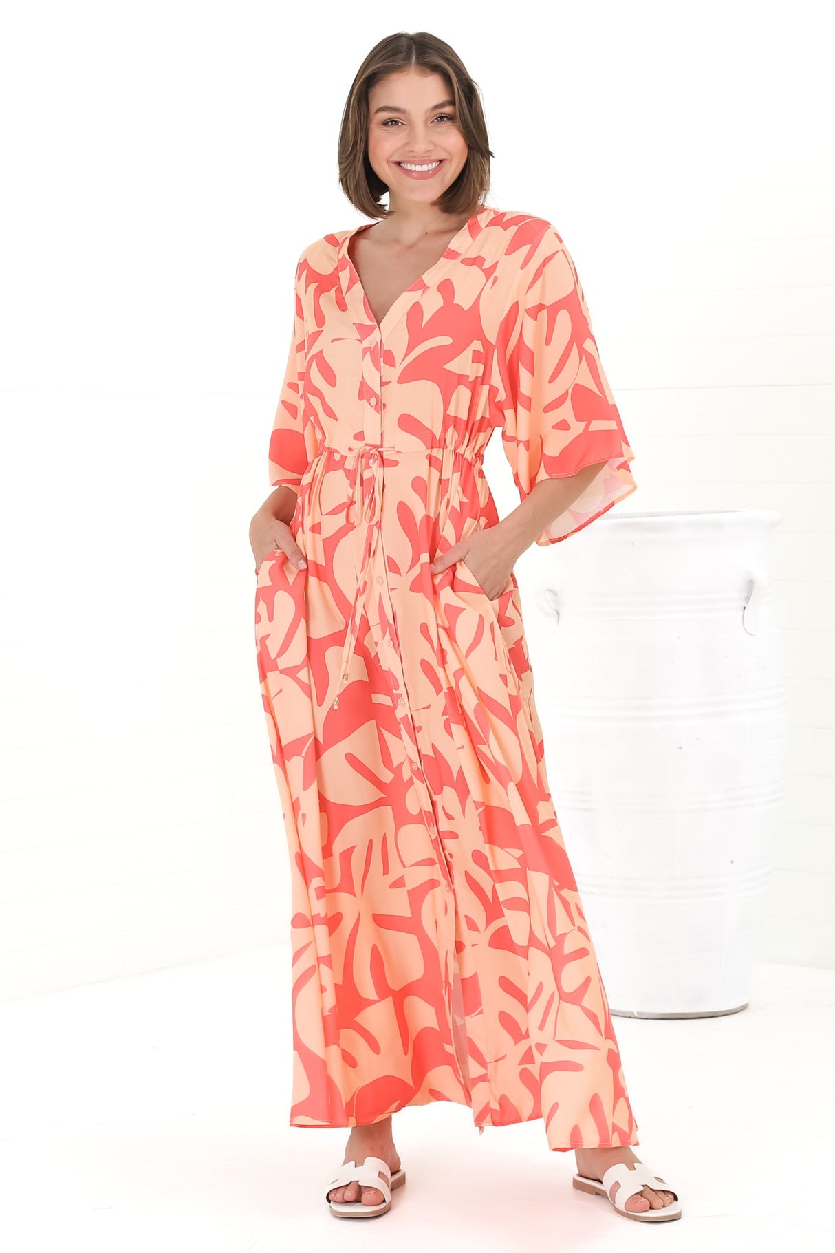 Sally Maxi Dress - 3/4 Bell Sleeve Button Down with Waist Tie Dress in Noa Print Coral