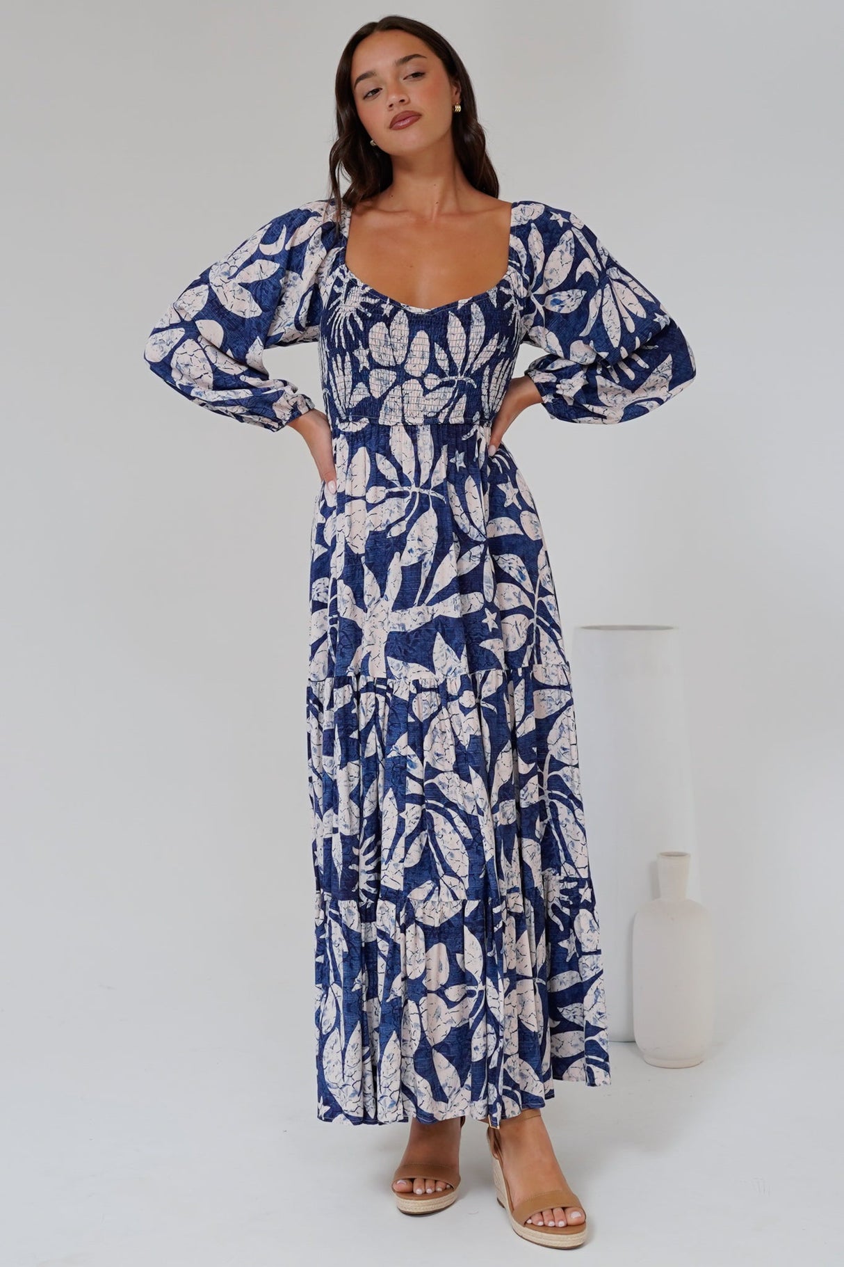 Salome Maxi Dress - On or Off Shoulder A Line Dress with Elasticated Bodice in Moonshadow Print