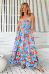 JAASE - Samba Maxi Dress: Elasticated Strapless Dress with Tiered Hem in Daydreamer Print