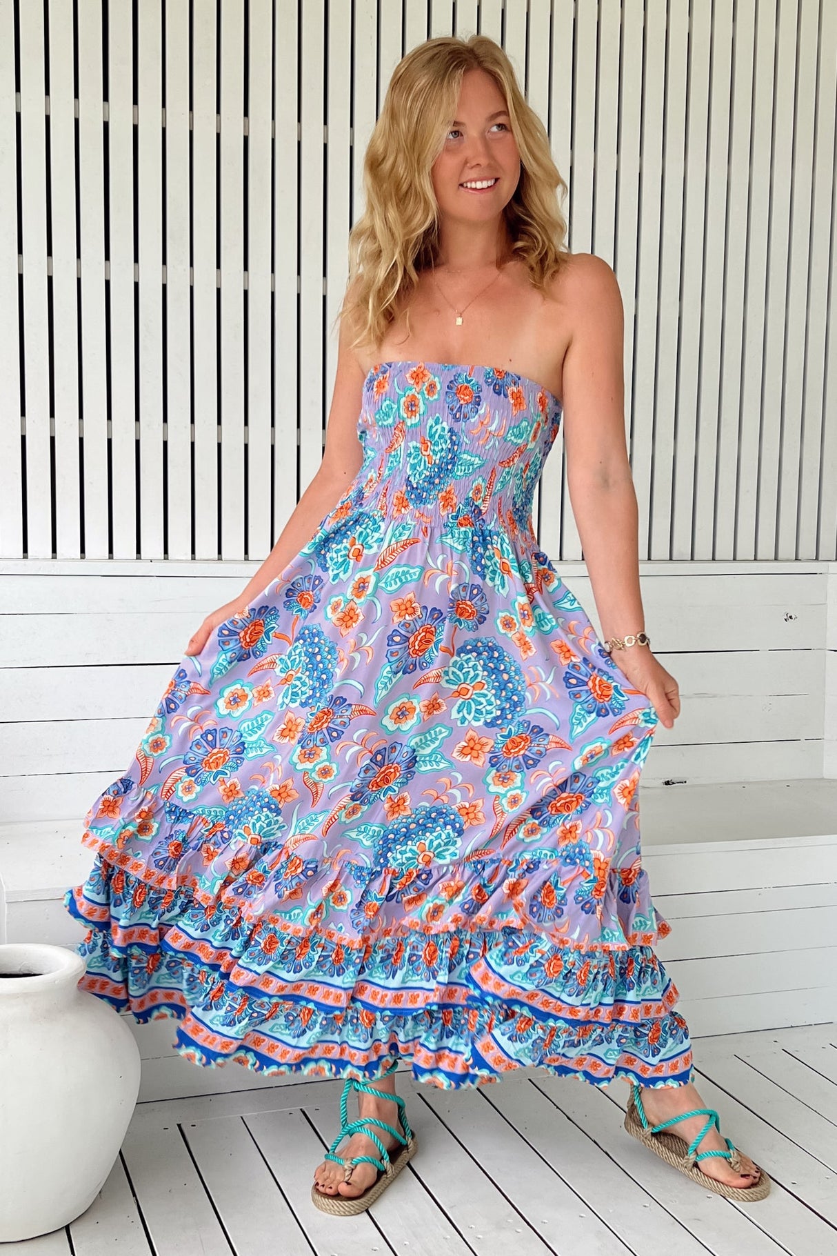 JAASE - Samba Maxi Dress: Elasticated Strapless Dress with Tiered Hem in Daydreamer Print