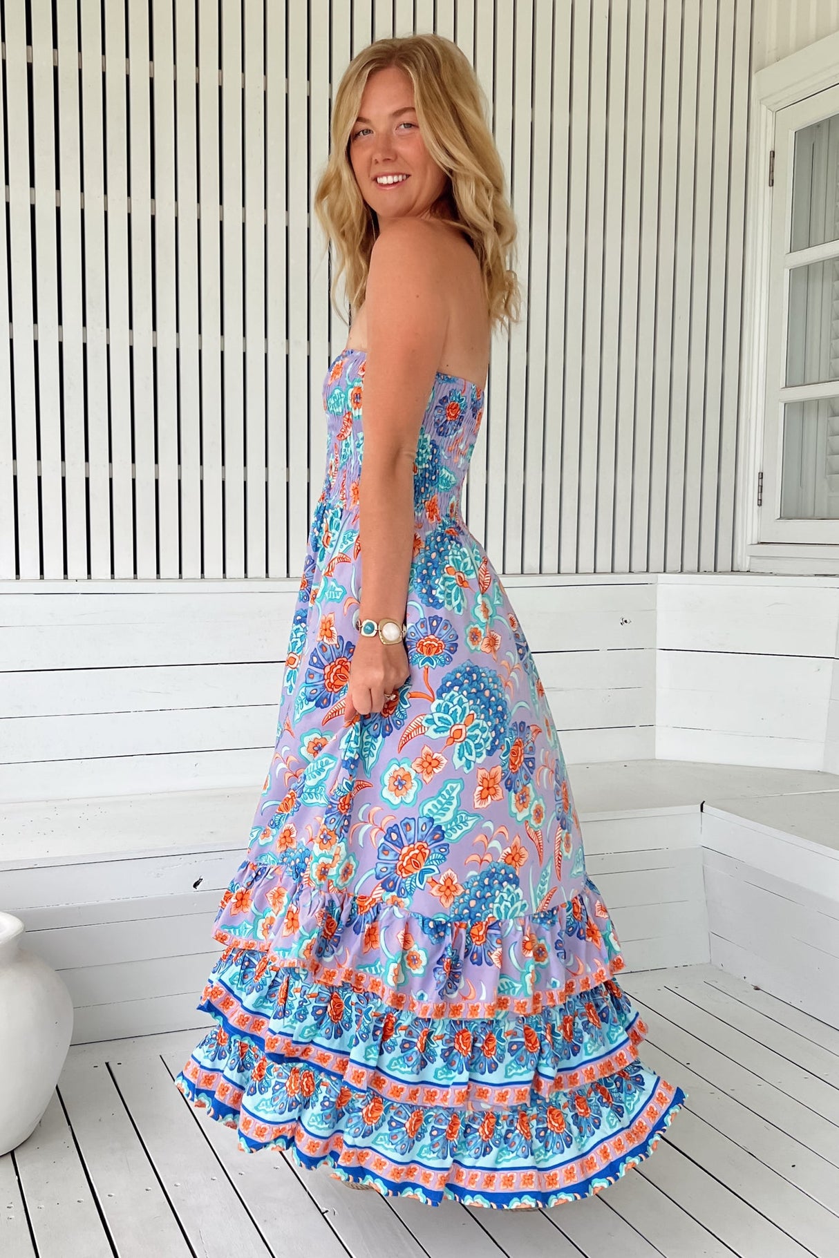 JAASE - Samba Maxi Dress: Elasticated Strapless Dress with Tiered Hem in Daydreamer Print