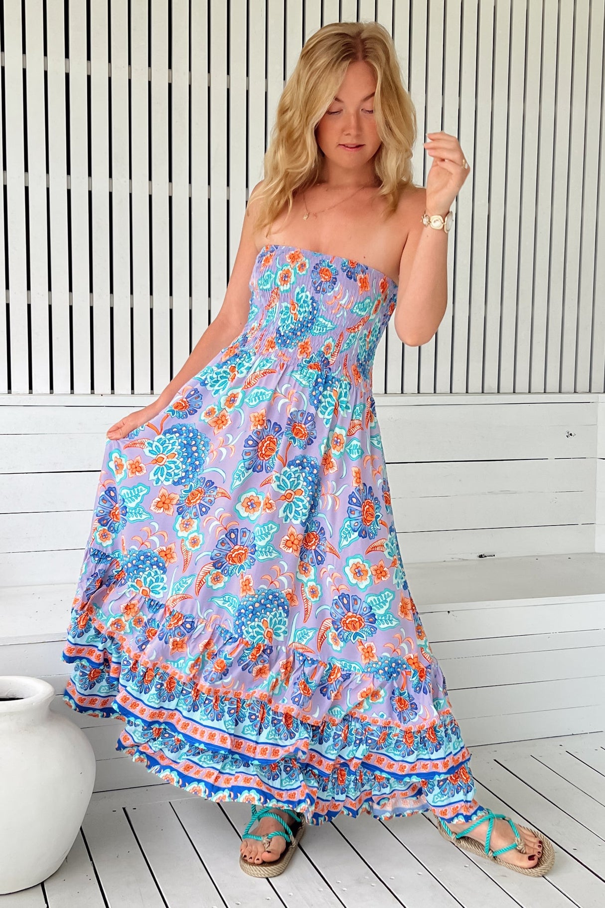 JAASE - Samba Maxi Dress: Elasticated Strapless Dress with Tiered Hem in Daydreamer Print