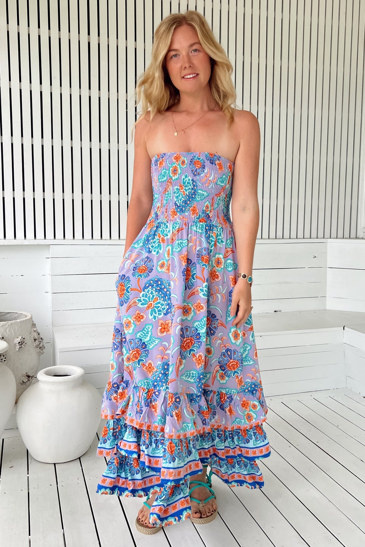 JAASE - Samba Maxi Dress: Elasticated Strapless Dress with Tiered Hem in Daydreamer Print