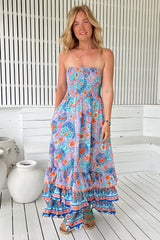 JAASE - Samba Maxi Dress: Elasticated Strapless Dress with Tiered Hem in Daydreamer Print