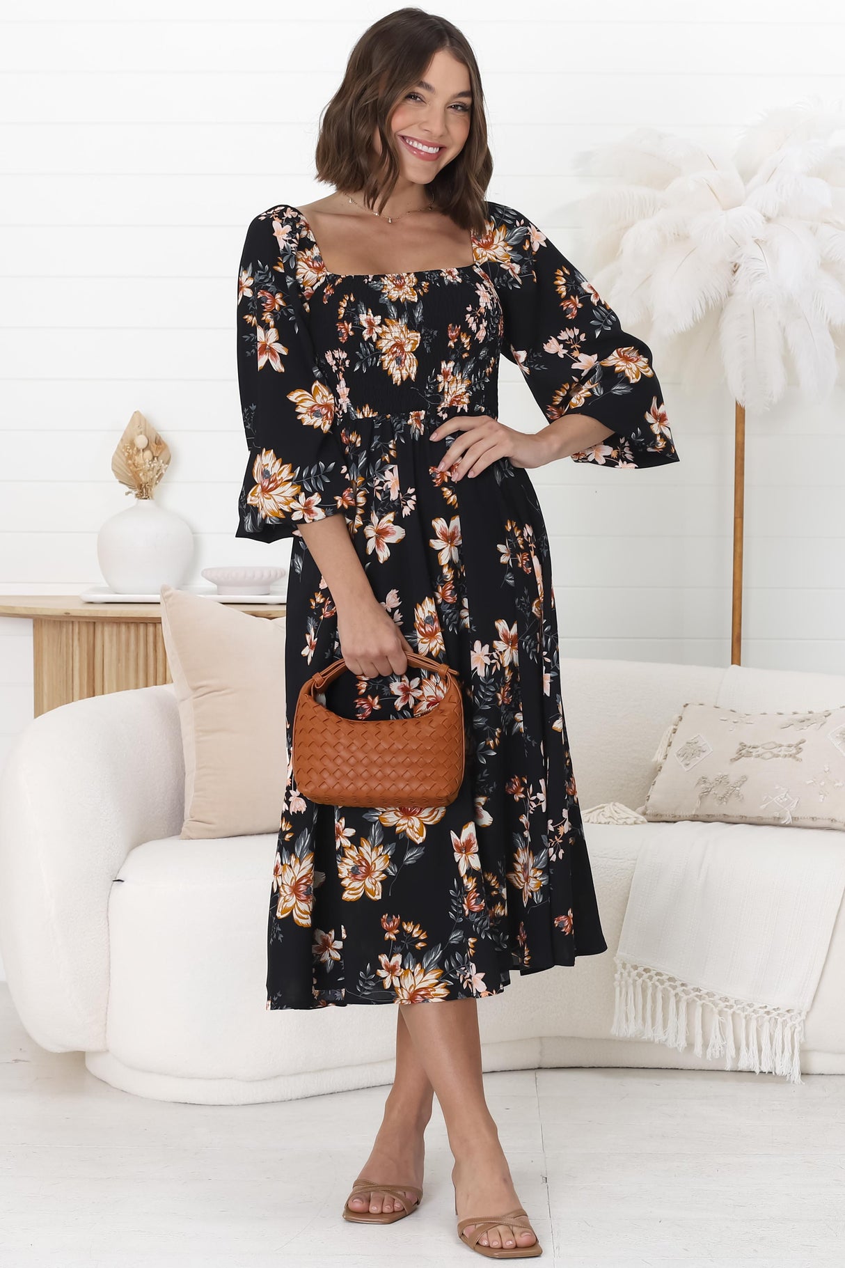 Samera Midi Dress - On or Off Shoulder A Line Dress in Solita Print Navy