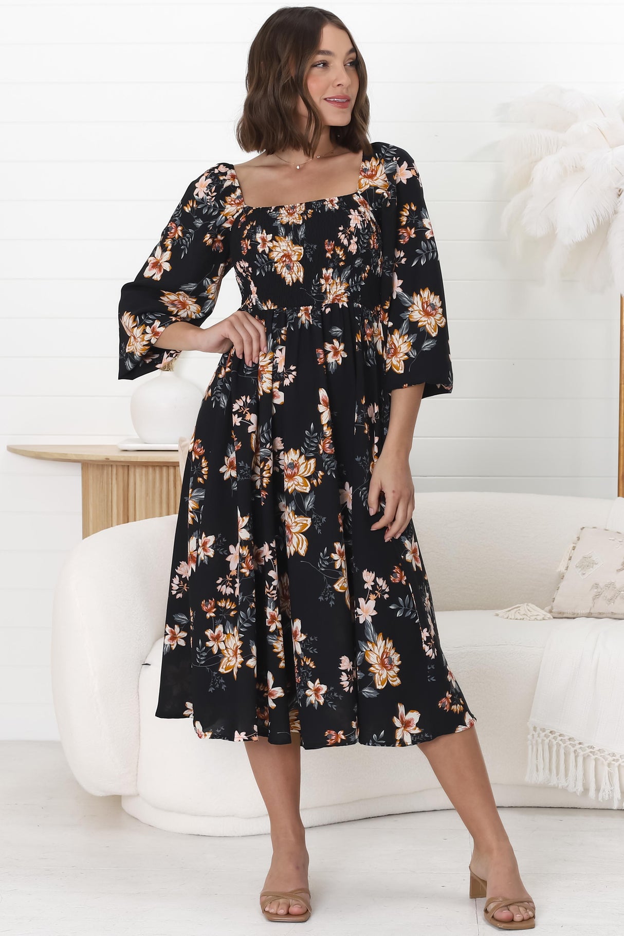 Samera Midi Dress - On or Off Shoulder A Line Dress in Solita Print Navy