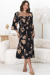 Samera Midi Dress - On or Off Shoulder A Line Dress in Solita Print Navy