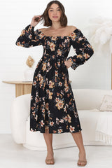 Samera Midi Dress - On or Off Shoulder A Line Dress in Solita Print Navy