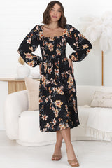 Samera Midi Dress - On or Off Shoulder A Line Dress in Solita Print Navy