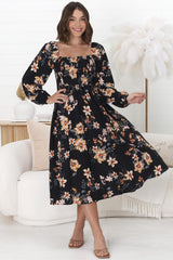 Samera Midi Dress - On or Off Shoulder A Line Dress in Solita Print Navy