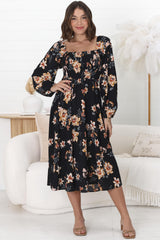 Samera Midi Dress - On or Off Shoulder A Line Dress in Solita Print Navy