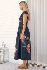 Samira Midi Dress - Cap Sleeve A Line Dress with Pockets in Mika Print Navy