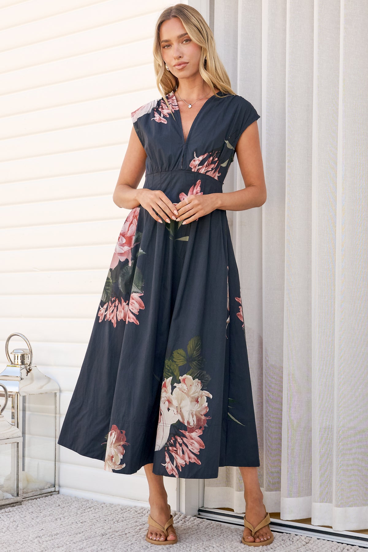 Samira Midi Dress - Cap Sleeve A Line Dress with Pockets in Mika Print Navy