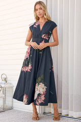 Samira Midi Dress - Cap Sleeve A Line Dress with Pockets in Mika Print Navy