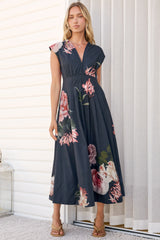 Samira Midi Dress - Cap Sleeve A Line Dress with Pockets in Mika Print Navy