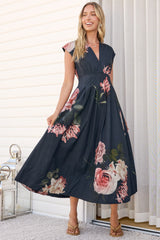 Samira Midi Dress - Cap Sleeve A Line Dress with Pockets in Mika Print Navy