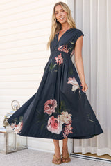 Samira Midi Dress - Cap Sleeve A Line Dress with Pockets in Mika Print Navy