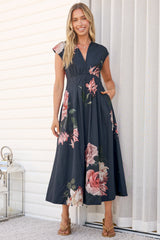 Samira Midi Dress - Cap Sleeve A Line Dress with Pockets in Mika Print Navy
