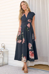 Samira Midi Dress - Cap Sleeve A Line Dress with Pockets in Mika Print Navy