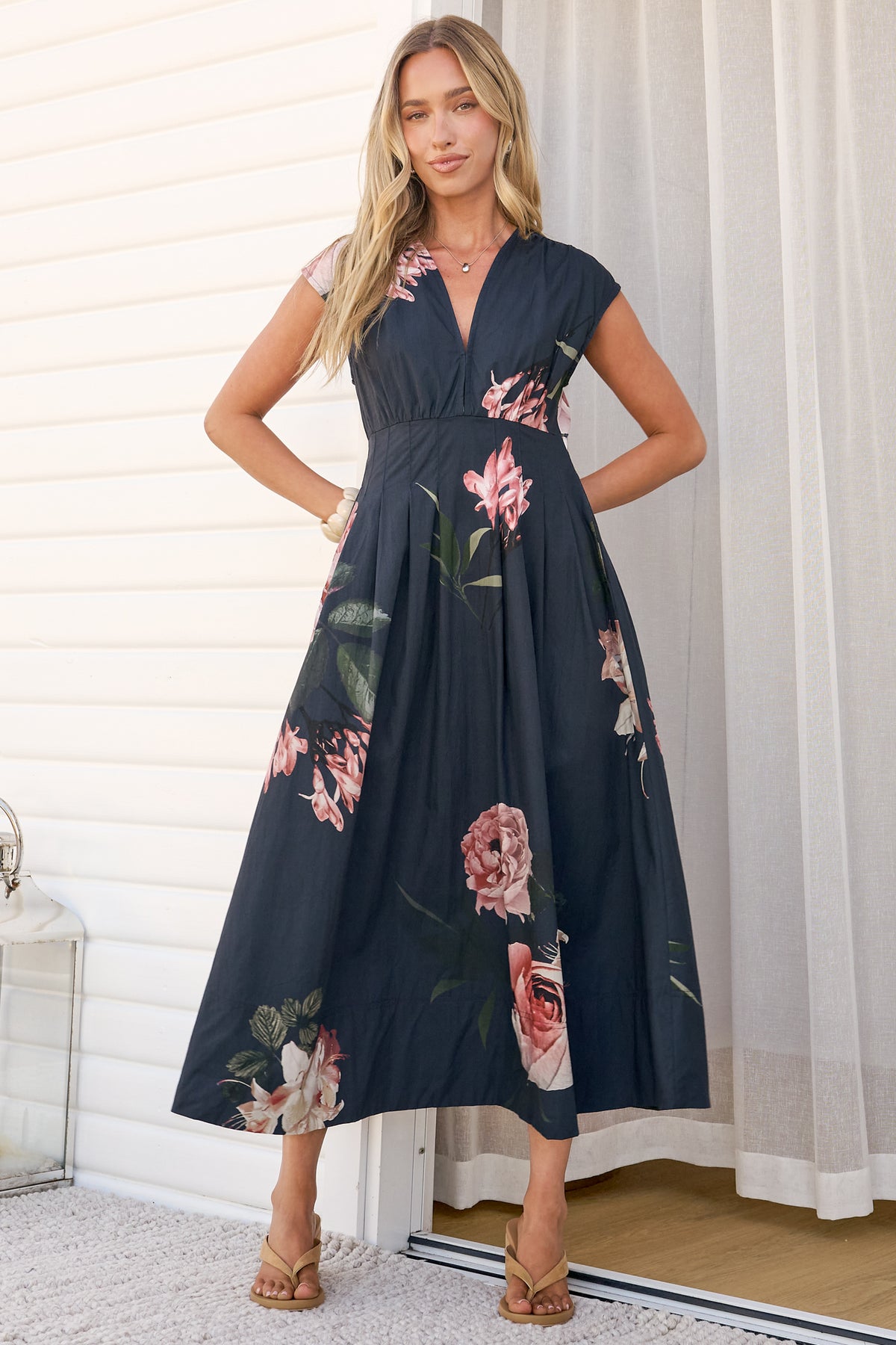 Samira Midi Dress - Cap Sleeve A Line Dress with Pockets in Mika Print Navy